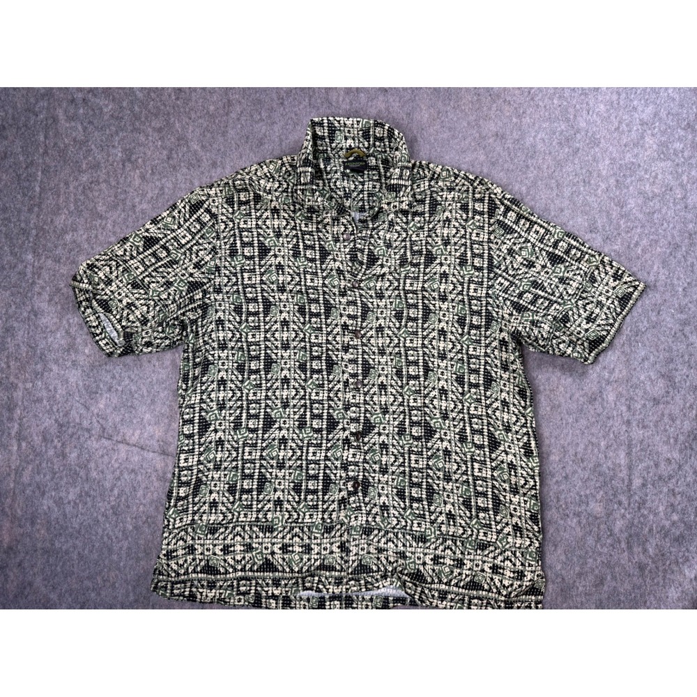 Reunion Shirt Mens M Green Rayon Geometric Tribal Short Sleeve Boho Classic